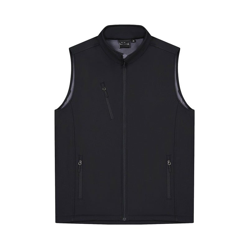 Load image into Gallery viewer, PRO2 Mens Softshell Vest, Black, showcases a sleek design with a water-resistant and wind-blocking softshell. Features include zippered hand pockets, YKK main zip, and adjustable waist for active performance.