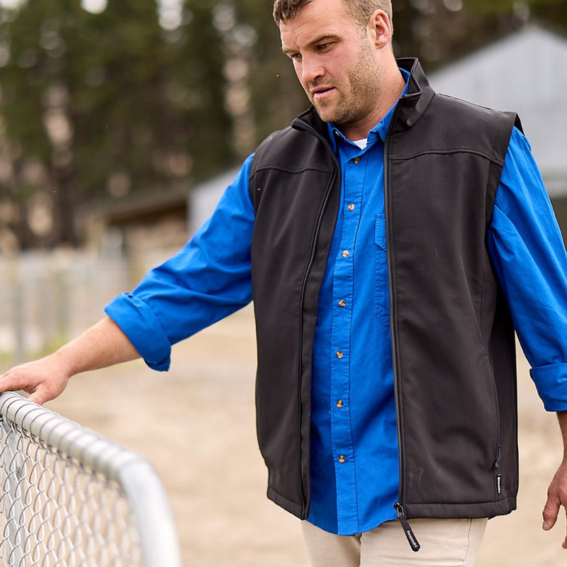 Load image into Gallery viewer, Swanndri Rimu Softshell Vest, a sleeveless softshell designed for mobility, featuring a full-length zip, zip side pockets, adjustable collar, and back yoke embroidery, windproof and water-resistant for safety-focused environments.