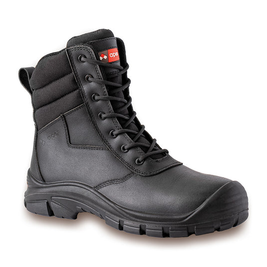 Apex Waihi Zip Safety Boot, Black, showcasing a rugged design with a steel toe cap, side zip, and dual-density sole, ideal for workplace safety and comfort.