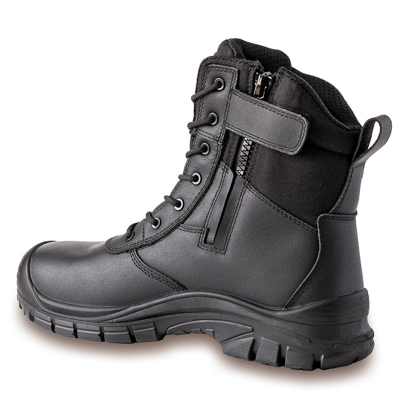 Load image into Gallery viewer, Apex Waihi Zip Safety Boot, Black, features premium nubuck leather with a wide fit steel toe cap, zip side for easy wear, anti-penetration midsole, and non-slip dual density PU sole.