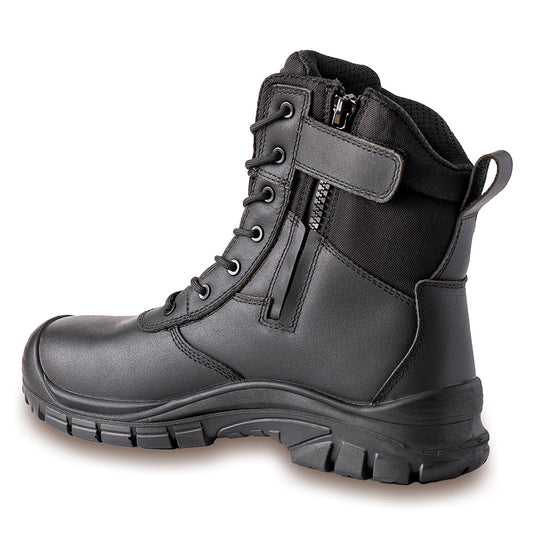 Apex Waihi Zip Safety Boot, Black, features premium nubuck leather with a wide fit steel toe cap, zip side for easy wear, anti-penetration midsole, and non-slip dual density PU sole.