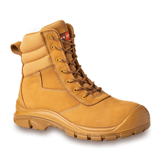Apex Waihi Zip Safety Boot, Wheat: A stylish, lightweight safety boot with premium nubuck leather, featuring a wide fit steel toe cap, side zip, anti-penetration midsole, dual density PU sole, and non-slip properties.