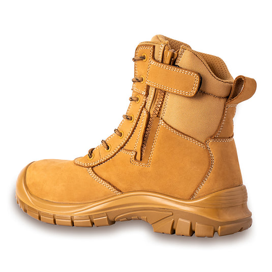 Apex Waihi Zip Safety Boot, Wheat: Premium nubuck leather boot with side zip for easy wear, featuring a wide fit steel toe cap, anti-penetration midsole, dual density PU sole, and non-slip design.