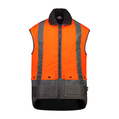Far South Waimumu Hi Vis Taped Oilskin Vest featuring reflective stripes, heavy Sherpa fur lining, hand warmer and top loading pockets, ideal for safety and visibility, crafted in New Zealand.
