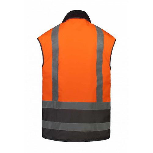 Load image into Gallery viewer, Far South Waimumu Hi Vis Taped Oilskin Vest featuring reflective stripes and full oilskin under fluoro fabric, shown in a close-up of the vest's back with hand warmer and top loading pockets.