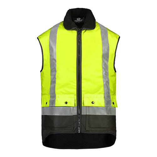 Far South Waimumu Hi Vis Taped Oilskin Vest featuring grey reflective stripes, heavy Sherpa fur lining, and multiple pockets, ideal for safety and workwear, made in New Zealand.