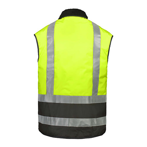 Load image into Gallery viewer, Far South Waimumu Hi Vis Taped Oilskin Vest featuring reflective stripes, designed for safety with heavy Sherpa lining and multiple pockets, ideal for day or night use, crafted in New Zealand.