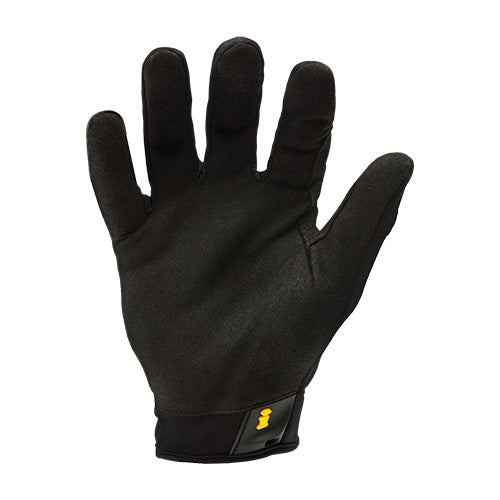Load image into Gallery viewer, Ironclad Work Crew Glove shown; a sleek, black, lightweight safety glove featuring a yellow logo, synthetic leather palm, and seamless design, ideal for light duty tasks.