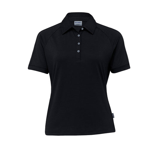 Dri Gear Womens Vapour Polo features a sleek design with a two-piece collar, raglan sleeves, and side splits, ideal for active safety environments. It offers UV protection and moisture-wicking fabric.