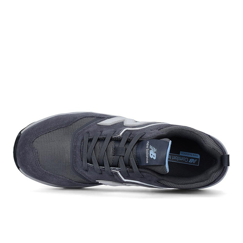 Load image into Gallery viewer, New Balance Elite Lite Womens Safety Shoe, Magnet/Whispy Blue, top-down view showing navy mesh and suede upper with contrasting N logo, cushioning, composite toe, and slip-resistant outsole for safety and comfort.