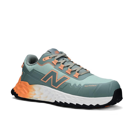 New Balance Fresh Foam Cremorne Women's Safety Shoe, Aqua/Pumpkin, features a mesh upper with Fresh Foam cushioning, composite safety toe, slip-resistant outsole, and reinforced toe for work-ready comfort and protection.