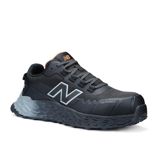 New Balance Fresh Foam Cremorne Women's Safety Shoe, Black/Grey, features a protective mesh upper with Toe Protect, a chunky Fresh Foam midsole, and slip-resistant outsole, ideal for workplace durability and comfort.