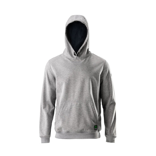 FXD WF-1 Water Resistant Work Hoodie, featuring a light-heather-grey pullover design with a front kangaroo pocket, long sleeves, and a hood. Engineered for windproof and water-resistant performance, ideal for safety-focused workwear.