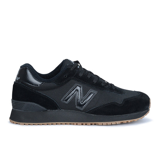New Balance 515 SR Women's Non-Safety Shoe in black, featuring a sleek design with a reinforced suede leather upper and slip-resistant rubber outsole, ideal for long work shifts.