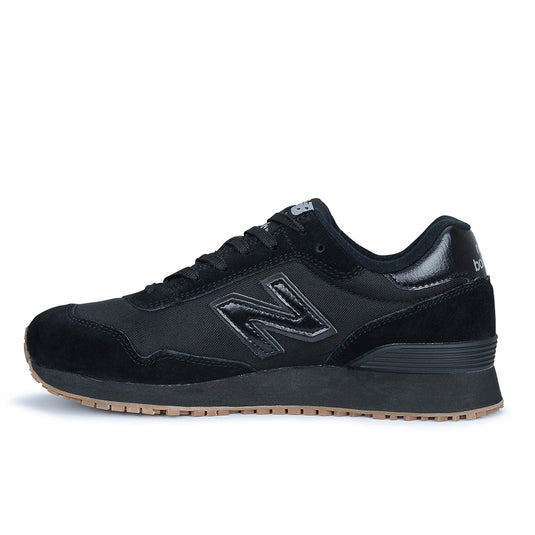 New Balance 515 SR Women's Non-Safety Shoe, Black, featuring a sleek design with a brown sole, emphasizes comfort and durability for long shifts. Ideal for work, it includes lightweight cushioning and a slip-resistant outsole.