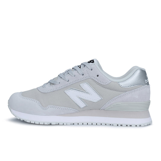 New Balance 515 SR Women's Non-Safety Shoe, Grey, showcases a sleek design with a water-resistant oxford upper, reinforced suede leather, and slip-resistant rubber outsole, ideal for enduring long work shifts.