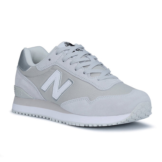 New Balance 515 SR Women's Non-Safety Shoe, Grey, features a slip-resistant rubber outsole, lightweight EVA midsole, and a water-resistant Oxford upper with reinforced suede leather, ideal for active workplace comfort.