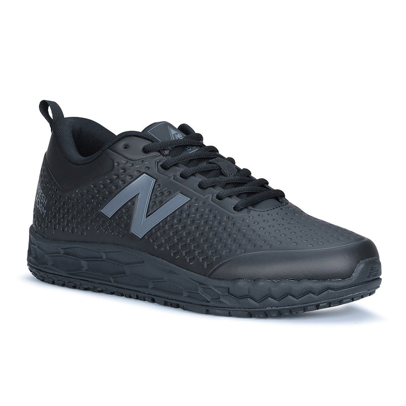 Load image into Gallery viewer, New Balance 906 SR Women's Non-Safety Shoe in black, featuring a grey logo, showcases a no-sew Hyposkin upper for flexibility and support, ideal for workplace use with slip-resistant outsole.