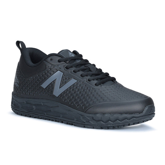New Balance 906 SR Women's Non-Safety Shoe in black, featuring a grey logo, showcases a no-sew Hyposkin upper for flexibility and support, ideal for workplace use with slip-resistant outsole.
