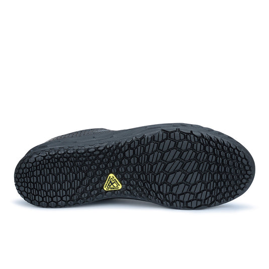 New Balance 906 SR Women's Non-Safety Shoe in black featuring a yellow logo. Offers Fresh Foam midsole and slip-resistant outsole, ideal for workplace use with flexibility and support-focused design.