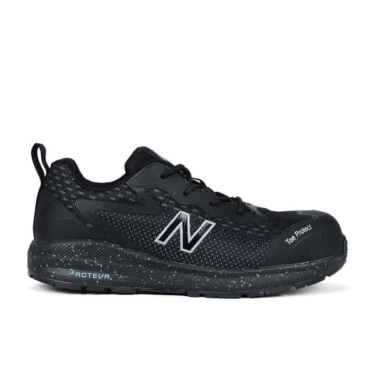 New Balance Logic Women’s Safety Shoe, Black/Blue: A black sneaker featuring white specks, designed for women's comfort and workplace safety with slip-resistant outsole and composite toe, ideal for various work environments.