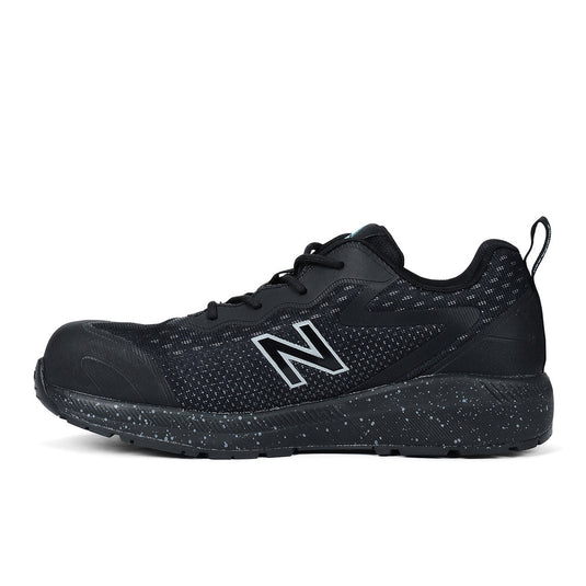 New Balance Logic Women’s Safety Shoe, Black/Blue, featuring a sleek black design with a white N logo, composite toe, and slip-resistant outsole, ideal for workplace safety and comfort.