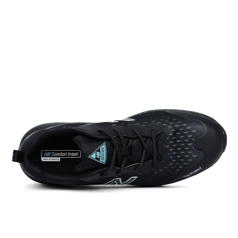 Load image into Gallery viewer, New Balance Logic Women’s Safety Shoe, Black/Blue, featuring a close-up of the shoe's design with visible safety features like slip-resistant outsole and composite toe, ideal for workplace environments.