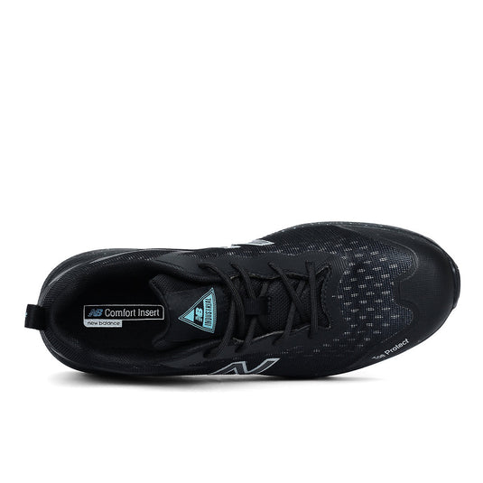 New Balance Logic Women’s Safety Shoe, Black/Blue, featuring a close-up of the shoe's design with visible safety features like slip-resistant outsole and composite toe, ideal for workplace environments.