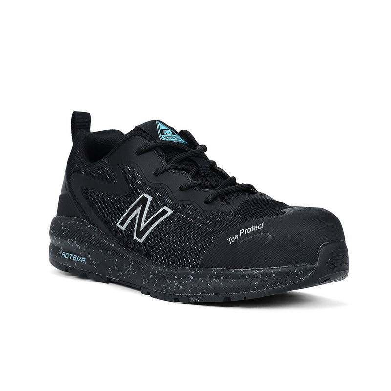 Load image into Gallery viewer, New Balance Logic Women’s Safety Shoe, Black/Blue, featuring a composite toe and slip-resistant outsole, designed for comfort and protection in workplace environments, highlighting its NB Comfort Insert and anti-perforation midsole.