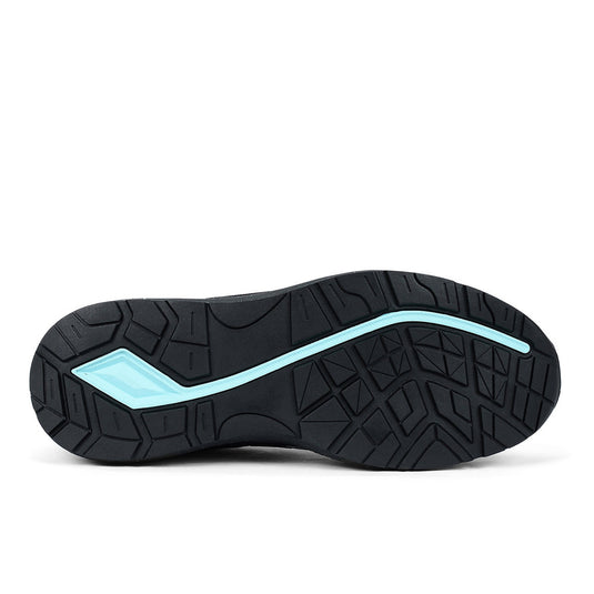 New Balance Logic Women’s Safety Shoe, Black/Blue, featuring a durable black and blue sole, designed for workplace safety with a slip-resistant outsole and composite toe for protection and comfort.