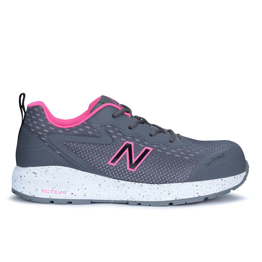 New Balance Logic Women's Safety Shoe, Grey/Pink, featuring a sleek design with a composite toe, slip-resistant outsole, and a comfort-focused NB Comfort Insert, ideal for workplace safety and comfort.