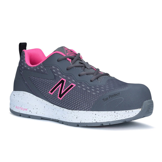 New Balance Logic Women’s Safety Shoe, Grey/Pink, featuring a sleek design with a composite toe, heel pull tab, and slip-resistant outsole, ideal for workplace environments needing agility and comfort.