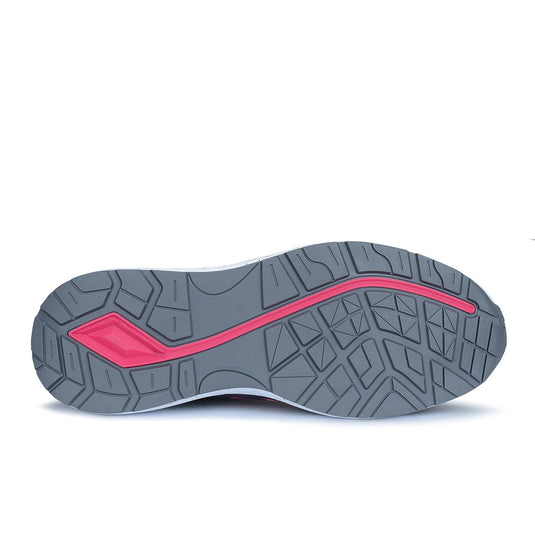New Balance Logic Women’s Safety Shoe, Grey/Pink, featuring a close-up of the shoe's composite toe and slip-resistant outsole, designed for comfort and protection in diverse workplace environments.