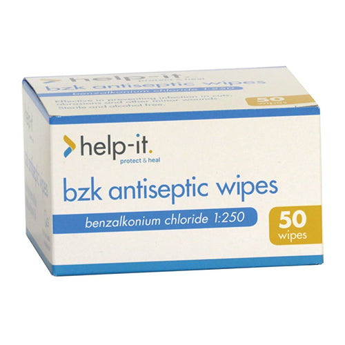 Help-It Alcohol Free Antiseptic Wipes Box/50 shown in packaging, ideal for preventing infection in minor wounds. The box is clearly labeled, emphasizing its sterile and alcohol-free formulation.