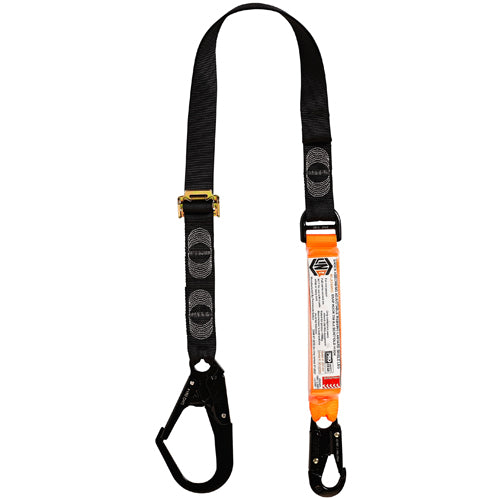 LINQ Adjustable Single Lanyard with a black strap and white label, featuring a snap hook and DA scaff. Designed for safety with a 2m length, THETA stitch pattern, and UV-rated webbing.