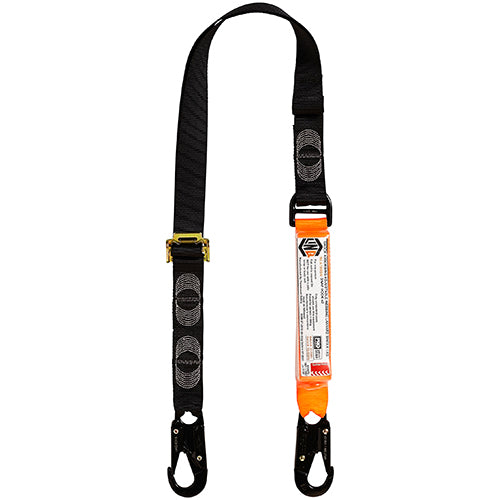 LINQ Adjustable Single Lanyard (2x Snap Hook) with black and orange straps, designed for height safety, featuring energy absorption technology and SAI Global’s “5 ticks” Certification for superior performance.