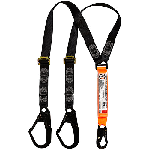 LINQ Adjustable Double Lanyard with a white label, designed for safe height work, visible in a group of similar lanyards. Certified to AS/NZS1891.1 standards for optimal energy absorption.