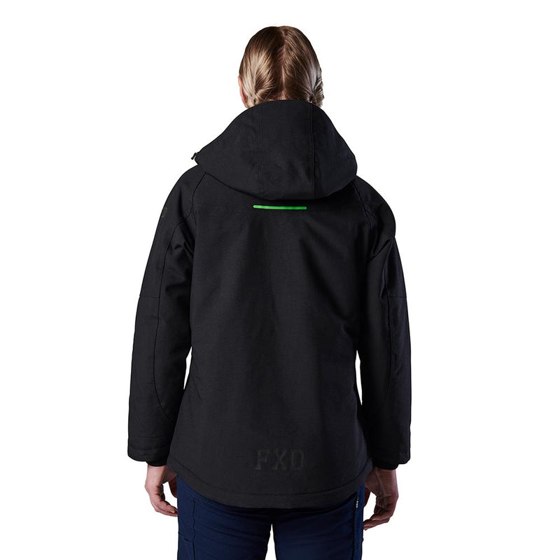 Load image into Gallery viewer, Back view of a person in an FXD WO-1W Waterproof Jacket with reflective shoulder accents and subtle FXD logo, highlighting the jacket's durable, weatherproof design, perfect for harsh winter conditions.