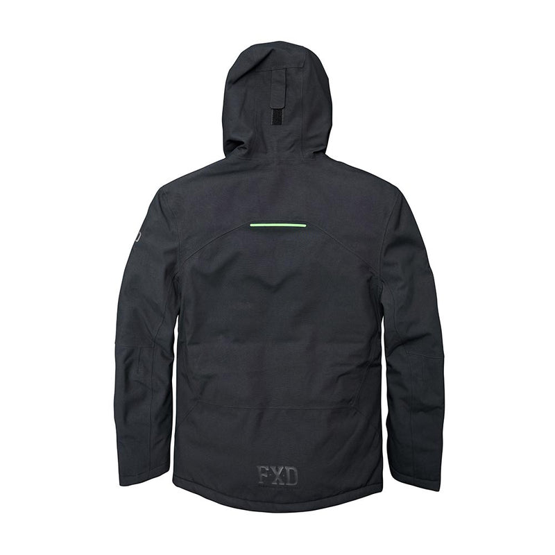 Load image into Gallery viewer, FXD WO-1 Waterproof Jacket rear view, featuring a hood and reflective back stripe. Designed for harsh conditions with windproof, waterproof features, and FXD branding near the hem for workwear durability.