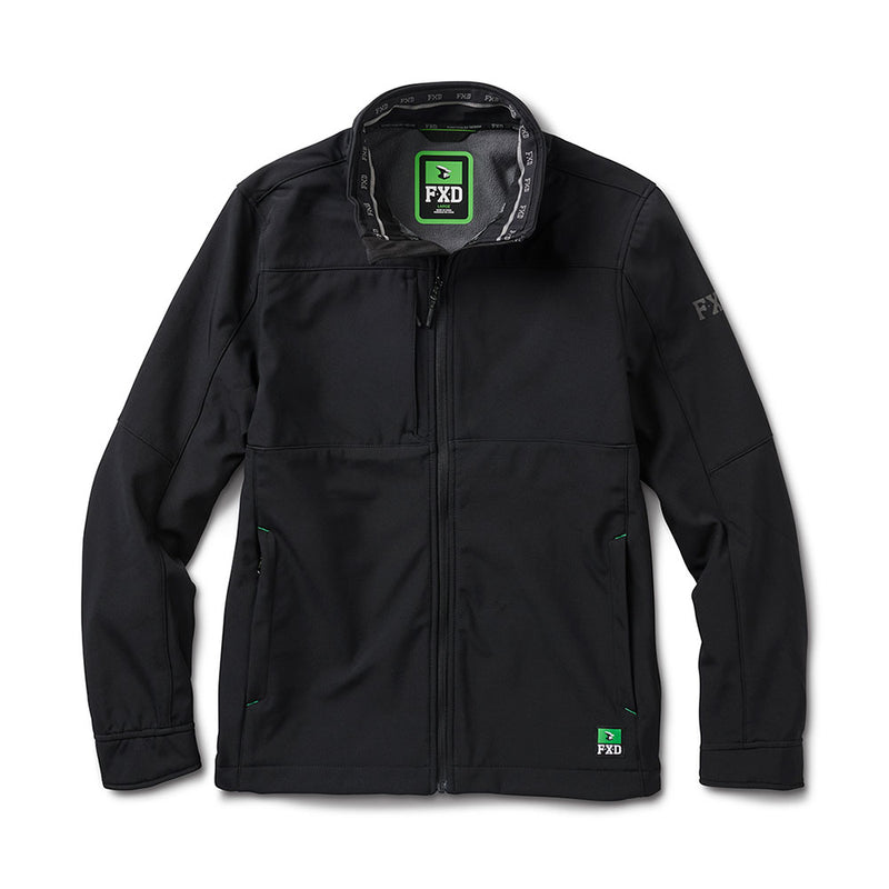 Load image into Gallery viewer, FXD WO-3 Softshell Jacket features a black, zip-front design with FXD branding, two side pockets, a stand-up collar, and articulated sleeves, offering wind and water resistance for active safety workwear.