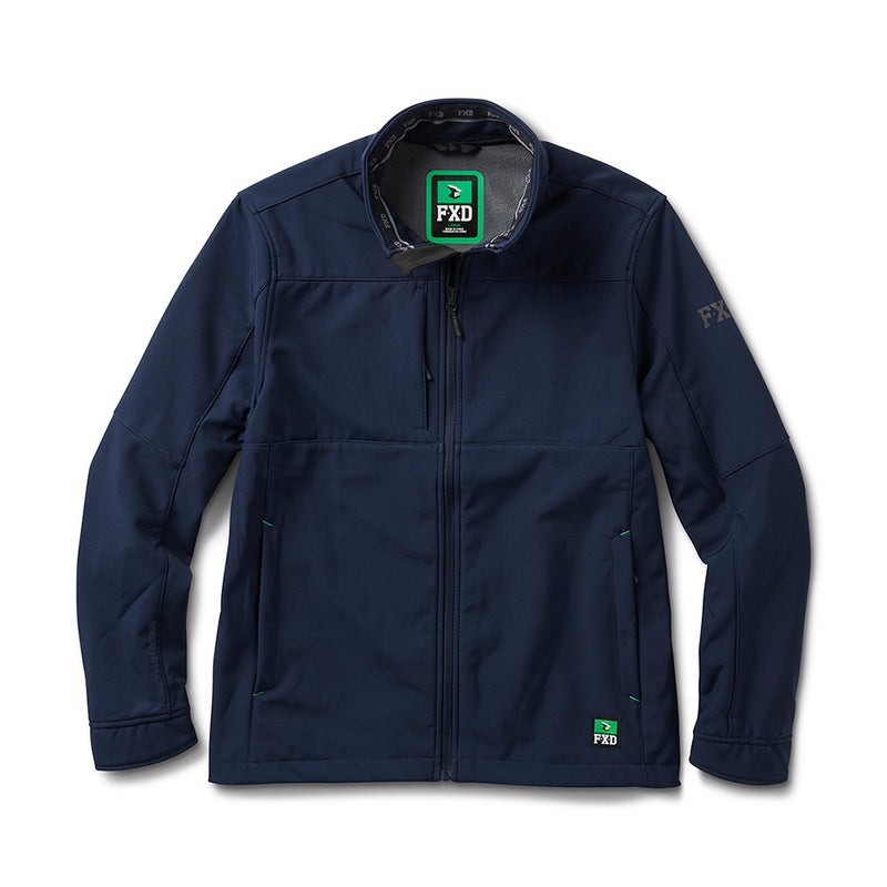 Load image into Gallery viewer, FXD WO-3 Softshell Jacket: Navy blue work jacket with three zippered pockets, fleece interior, and articulated sleeves. Water and wind resistant, designed for comfort and movement in safety-focused work environments.