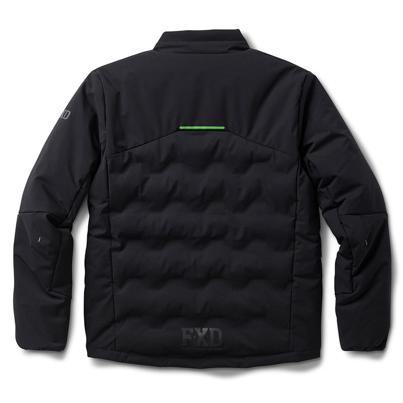 Load image into Gallery viewer, FXD WO-5 Insulated Puffer Jacket showcasing a quilted back, long sleeves, and a stand collar, with green accent stitching and the FXD logo near the hem, ideal for durable workwear.