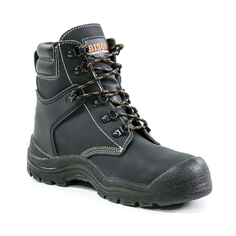 Load image into Gallery viewer, Bison Wolf Safety Boot, Black, featuring a rugged slip-resistant outsole, reinforced steel toe, padded ankle collar, and metal lace hooks. Designed for durability and safety with enhanced water resistance and stability features.