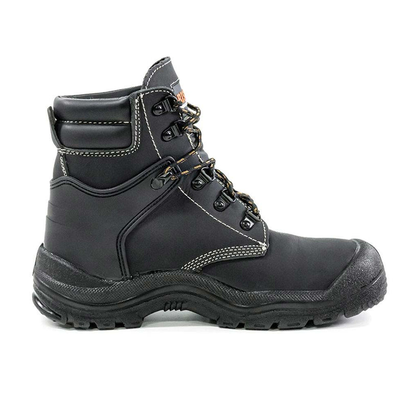 Load image into Gallery viewer, Bison Wolf Safety Boot, Black, featuring a padded collar, metal lace hooks, white stitching, and a thick, lugged sole, designed for workplace safety and comfort with steel toe and advanced grip technology.