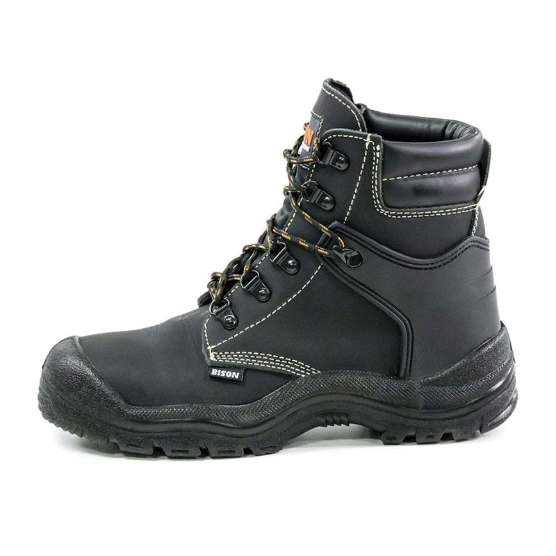 Load image into Gallery viewer, Bison Wolf Safety Boot, Black: A rugged ankle-high work boot featuring a lace-up design, slip-resistant sole, steel toe cap, and reinforced construction, ideal for industrial or outdoor environments.