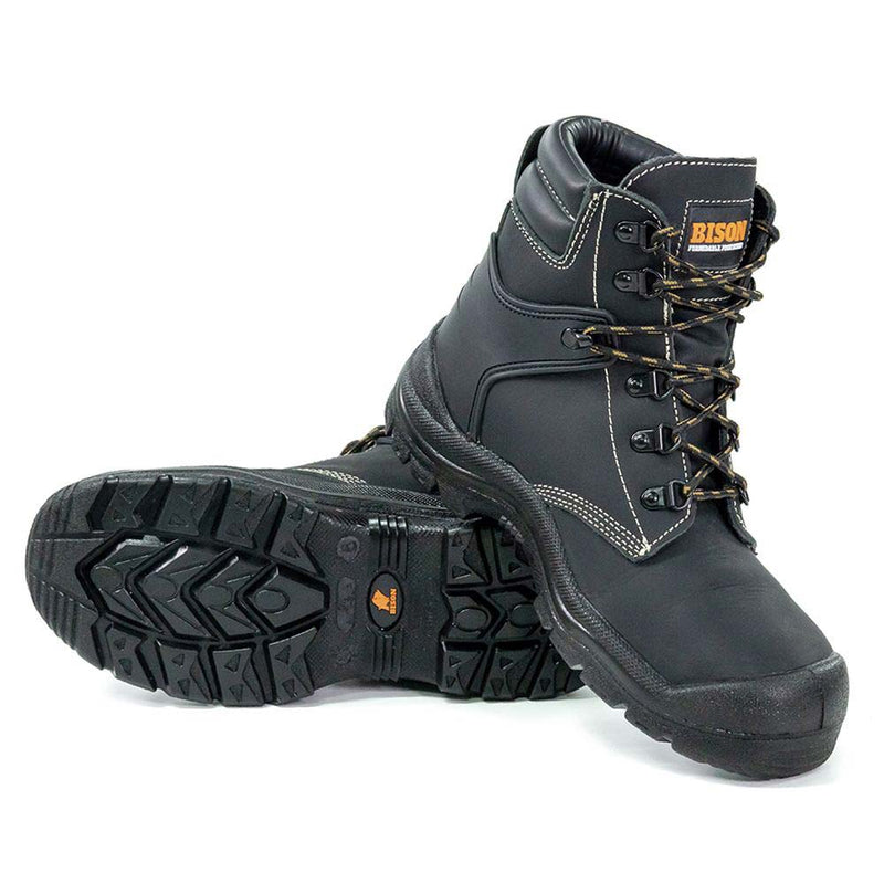 Load image into Gallery viewer, Bison Wolf Safety Boot, Black features high-ankle design with metal speed-hook eyelets, heavy-tread rubber outsoles, and a Bison logo on the tongue, ideal for workplace safety and durability.