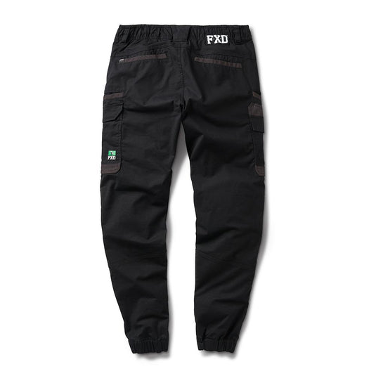 FXD WP-12 Elastic Waist Stretch Ripstop Work Pant (Cuffed) features elastic waistband, zip-closure back pockets, cargo pockets with FXD logo, reinforced knees, and elasticized cuffs; ideal for durable workwear.