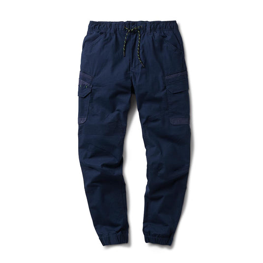 FXD WP-12 Elastic Waist Stretch Ripstop Work Pant (Cuffed) showcasing adjustable drawstring waistband, side cargo pockets with flaps, slanted front pockets, and elasticized ankle cuffs, ideal for durable workwear.