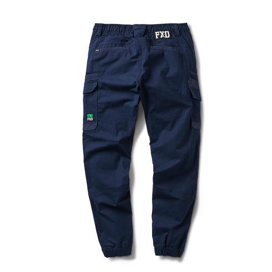 FXD WP-12 Elastic Waist Stretch Ripstop Work Pant (Cuffed) features multiple flap pockets, elastic waistband, and cuffs, with FXD branding, ideal for durable workwear in safety-focused environments.