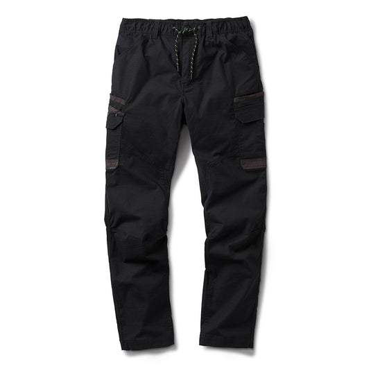 FXD WP-12 Elastic Waist Stretch Ripstop Work Pant features an elastic waistband with drawstring, front hand pockets, flap-closure cargo pockets on thighs, and knee darts for enhanced movement—ideal for active work environments.